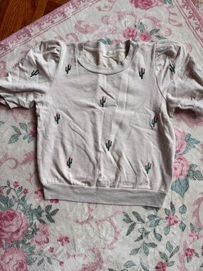 Anthropologie T.LA Cactus Embroidered Puff Sleeve Short Sleeve Sweatshirt